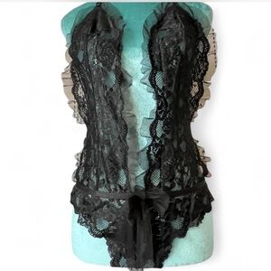 Adore Me Black Lace Ruffle Bodysuit with Adjustable Straps